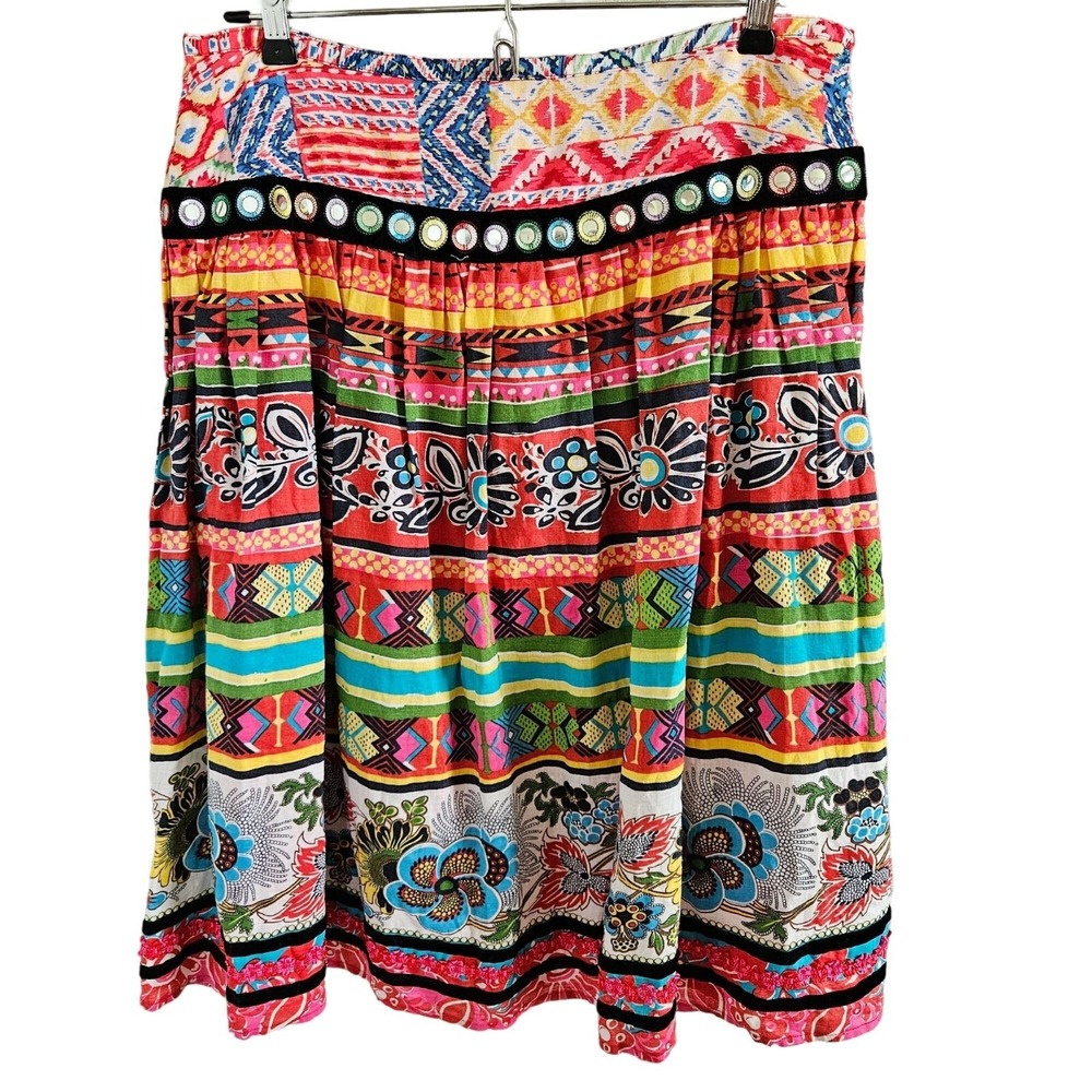 WD-NY Woman Skirt Size 12 Y2k Festival Bohemian 100% Linen Lined Embellished